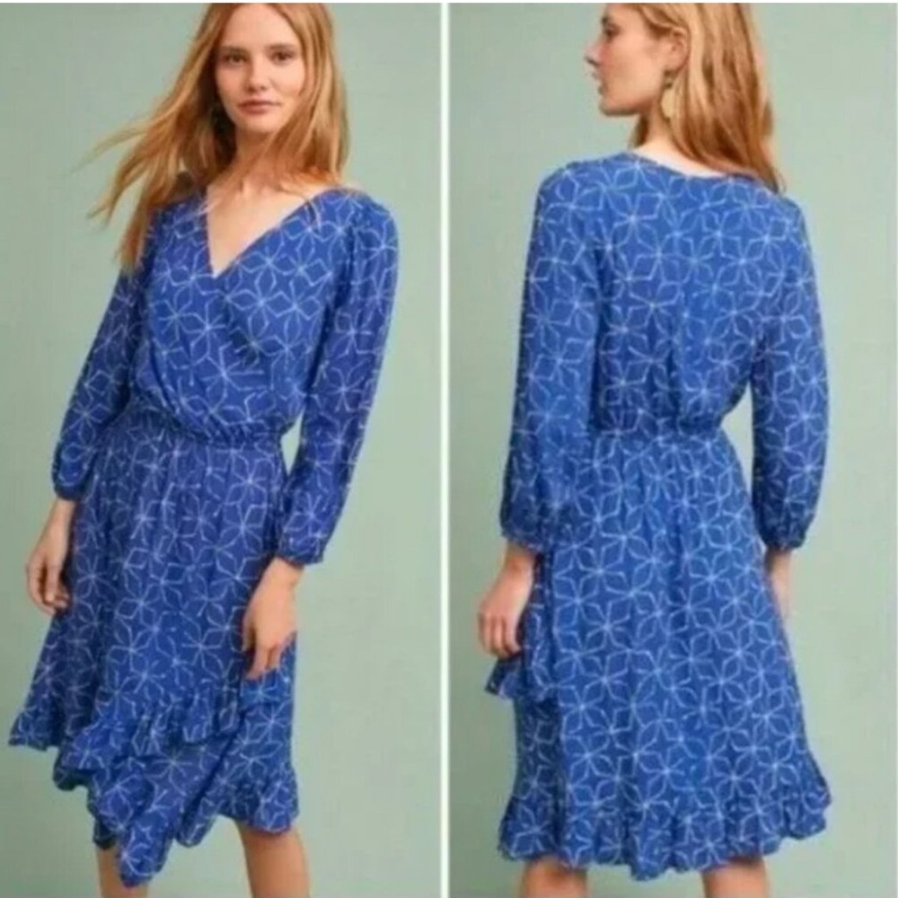 Plenty by Tracy Reece (Anthropologie) blue faux wrap dress with ruffled hem, XS